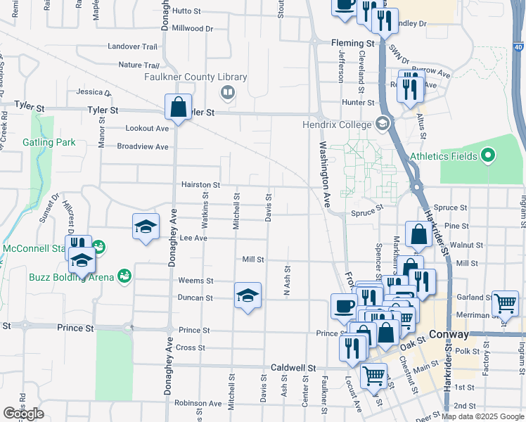 map of restaurants, bars, coffee shops, grocery stores, and more near 1419 Davis Street in Conway