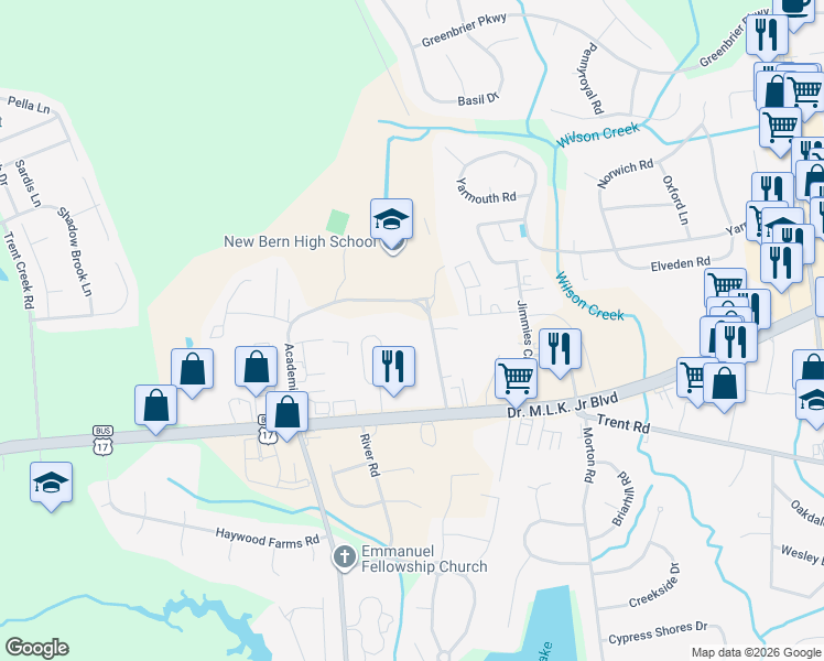 map of restaurants, bars, coffee shops, grocery stores, and more near 4187 Academic Drive in New Bern