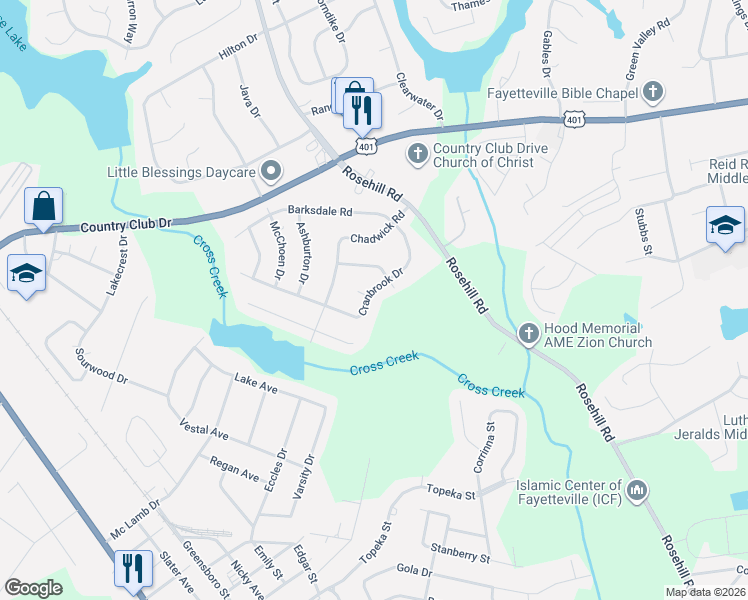 map of restaurants, bars, coffee shops, grocery stores, and more near 3521-3599 Cranbrook Drive in Fayetteville