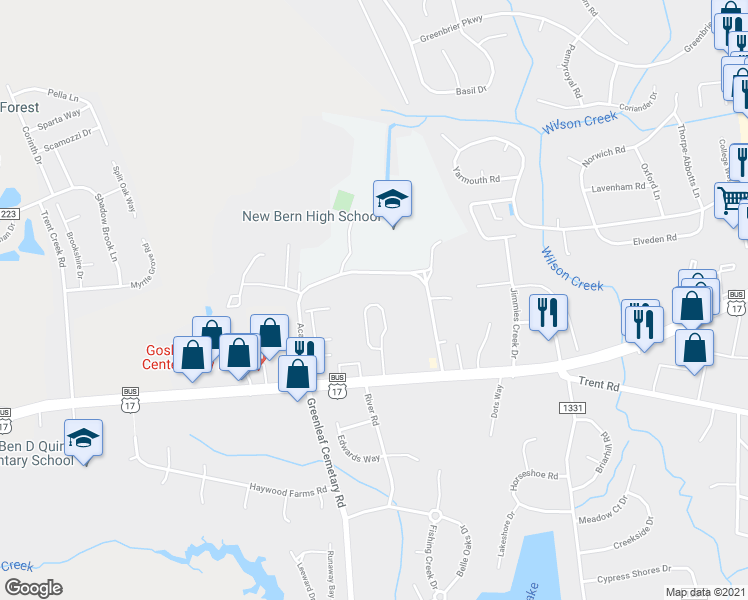 map of restaurants, bars, coffee shops, grocery stores, and more near 4106 Arbor Green Way in New Bern
