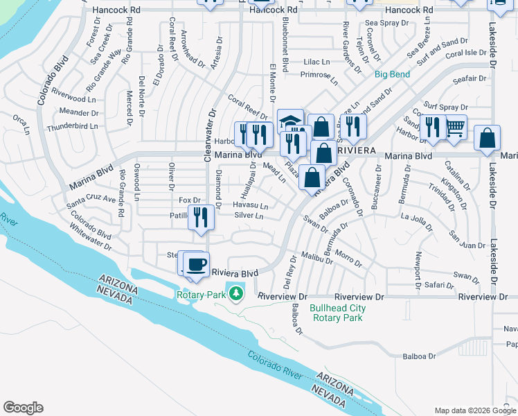map of restaurants, bars, coffee shops, grocery stores, and more near 608 Swan Drive in Bullhead City