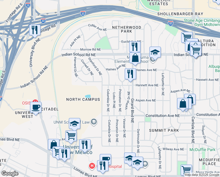 map of restaurants, bars, coffee shops, grocery stores, and more near 1401 Columbia Drive Northeast in Albuquerque