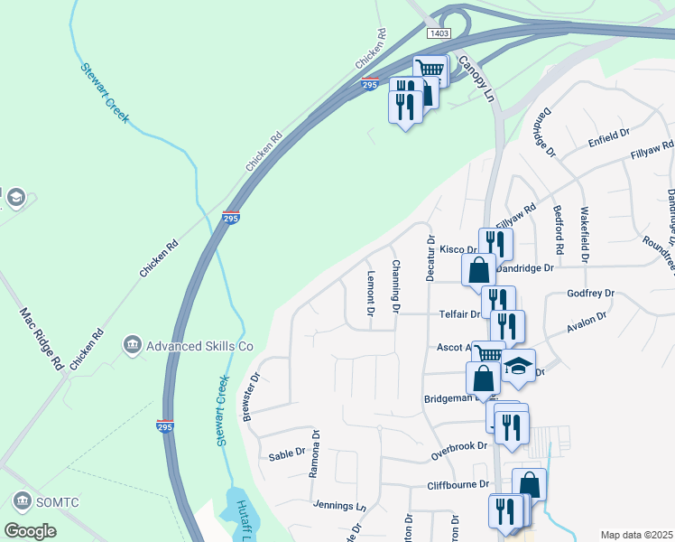 map of restaurants, bars, coffee shops, grocery stores, and more near 7560 Decatur Drive in Fayetteville