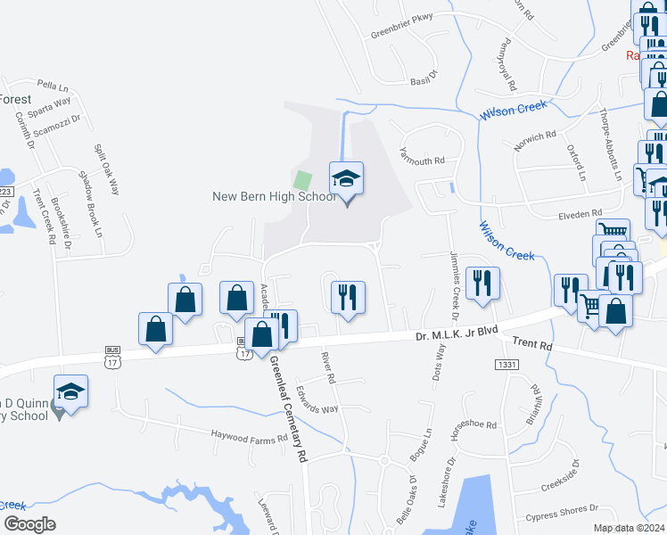 map of restaurants, bars, coffee shops, grocery stores, and more near 4102 Arbor Green Way in New Bern