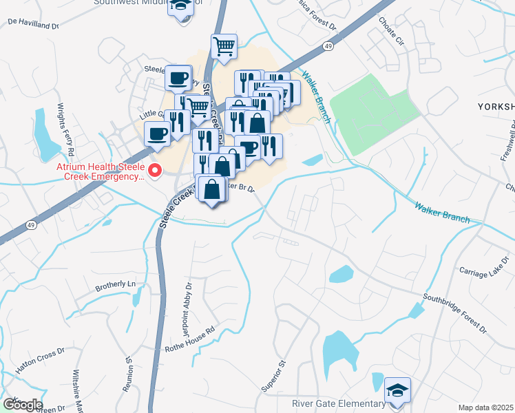 map of restaurants, bars, coffee shops, grocery stores, and more near 14535 Steele Creek Road in Charlotte