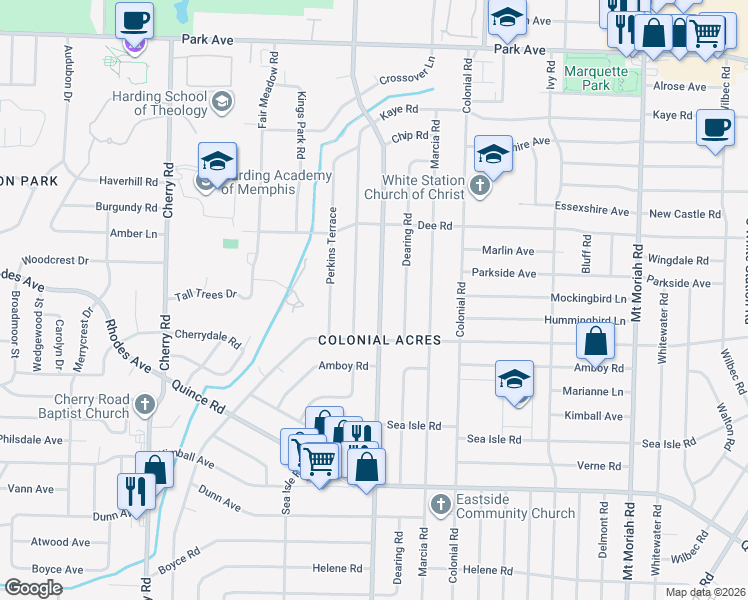 map of restaurants, bars, coffee shops, grocery stores, and more near 1215 South Perkins Road in Memphis