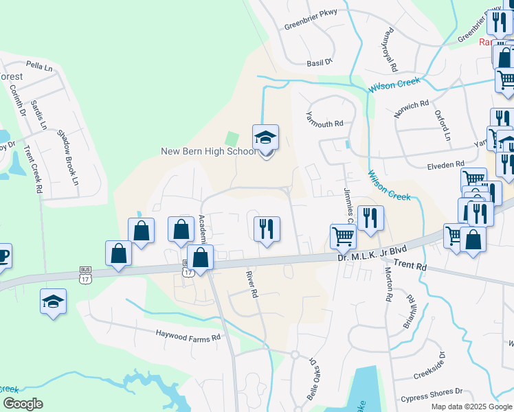 map of restaurants, bars, coffee shops, grocery stores, and more near 4200 Academic Drive in New Bern