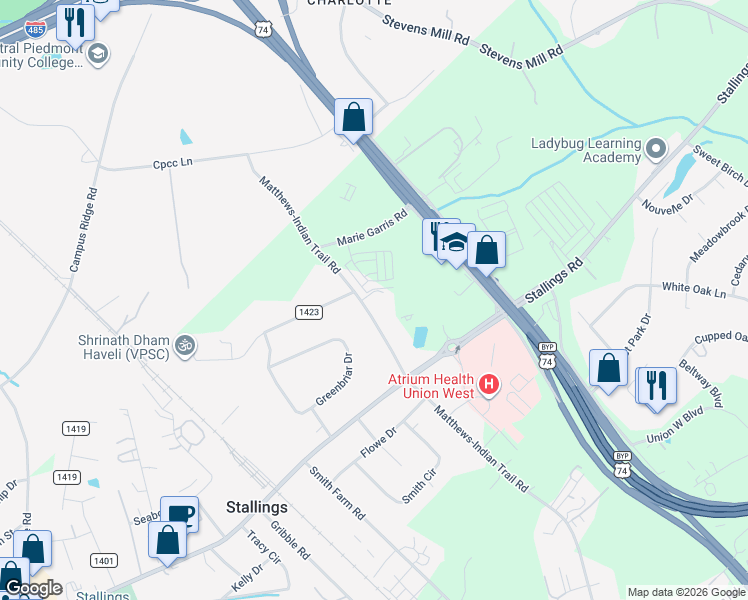 map of restaurants, bars, coffee shops, grocery stores, and more near in Stallings