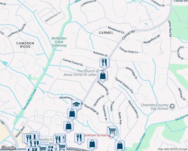 map of restaurants, bars, coffee shops, grocery stores, and more near 5820 Carmel Road in Charlotte