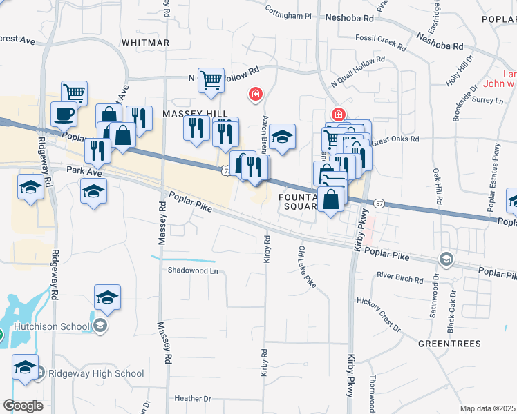 map of restaurants, bars, coffee shops, grocery stores, and more near 1859 Poplar Pines Drive in Memphis