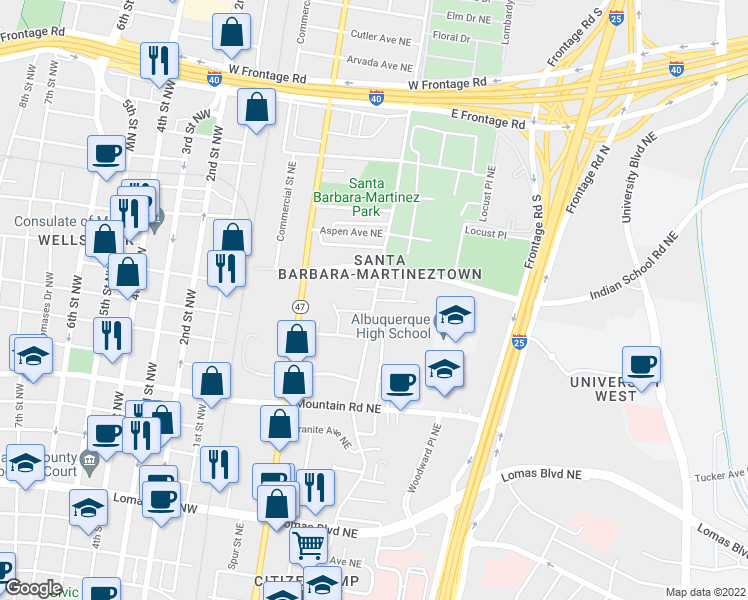 map of restaurants, bars, coffee shops, grocery stores, and more near Edith Boulevard Northeast in Albuquerque