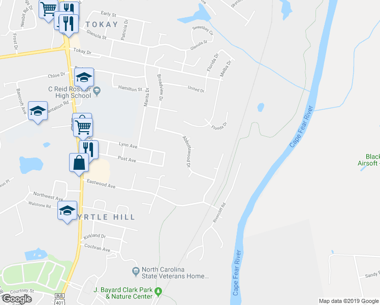 map of restaurants, bars, coffee shops, grocery stores, and more near 428 Abbottswood Drive in Fayetteville