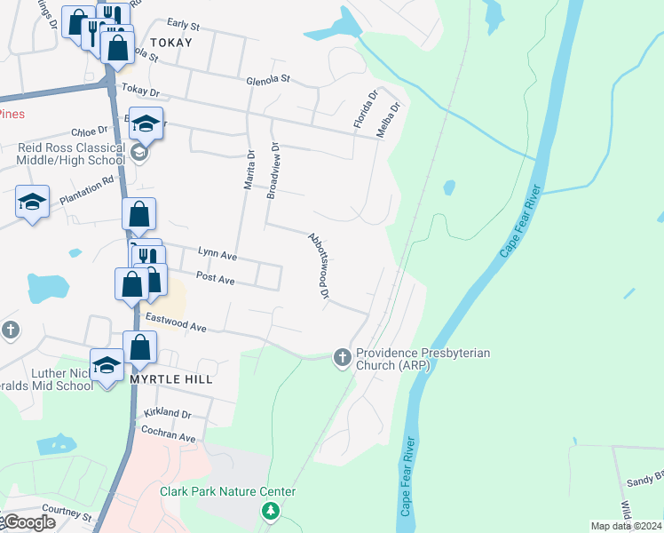 map of restaurants, bars, coffee shops, grocery stores, and more near 408 Abbottswood Drive in Fayetteville