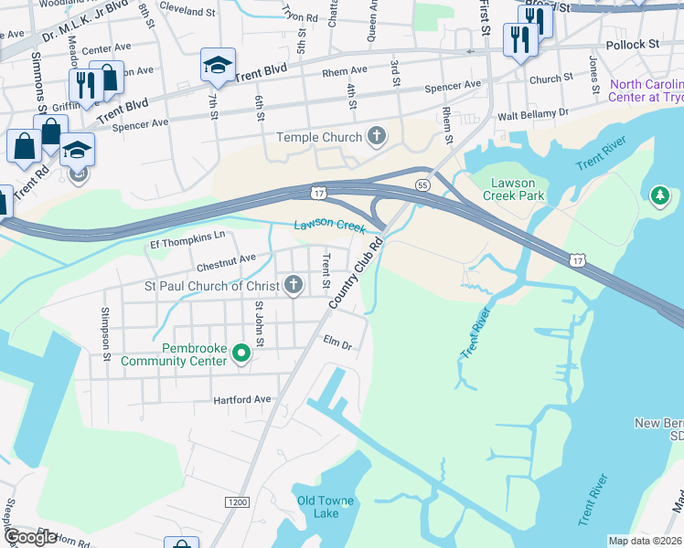 map of restaurants, bars, coffee shops, grocery stores, and more near 1802 Country Club Rd in New Bern