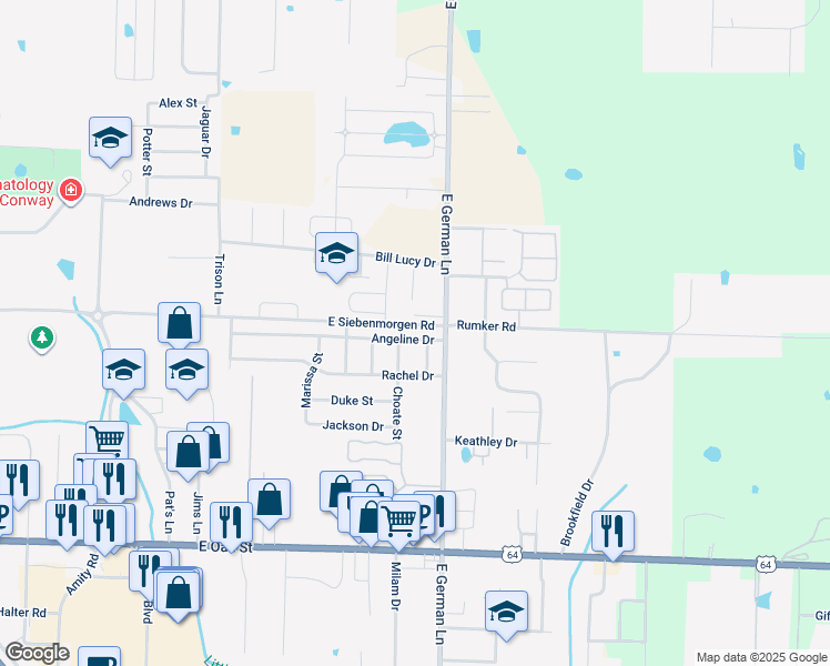 map of restaurants, bars, coffee shops, grocery stores, and more near 1513 East German Lane in Conway
