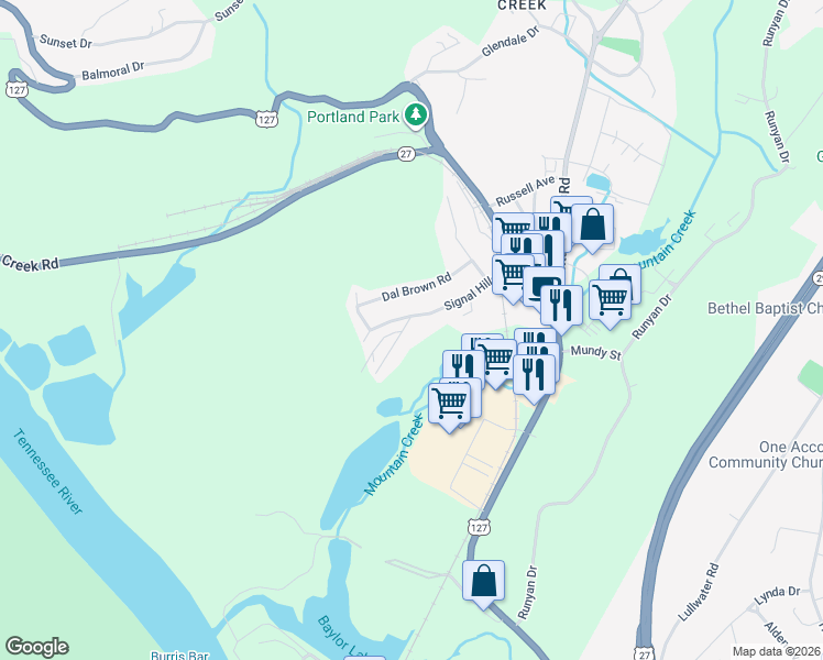map of restaurants, bars, coffee shops, grocery stores, and more near 153 Signal Hills Drive in Chattanooga