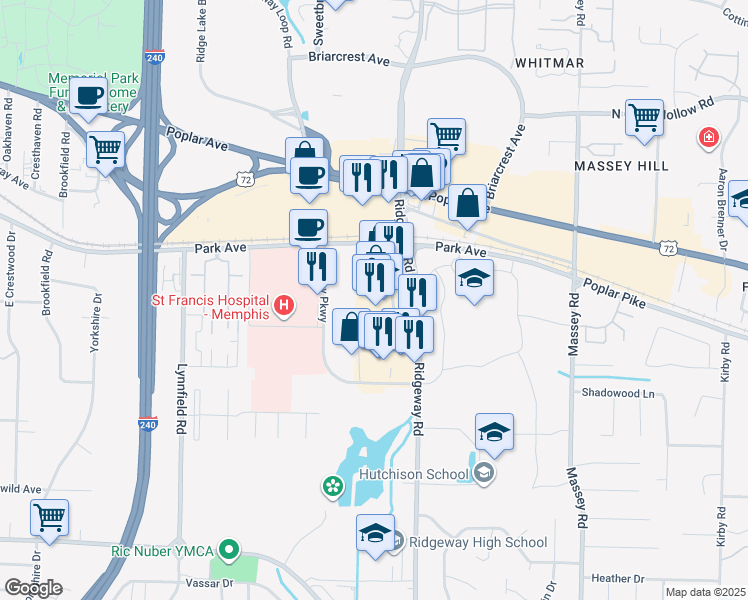map of restaurants, bars, coffee shops, grocery stores, and more near 1203 Ridgeway Road in Memphis