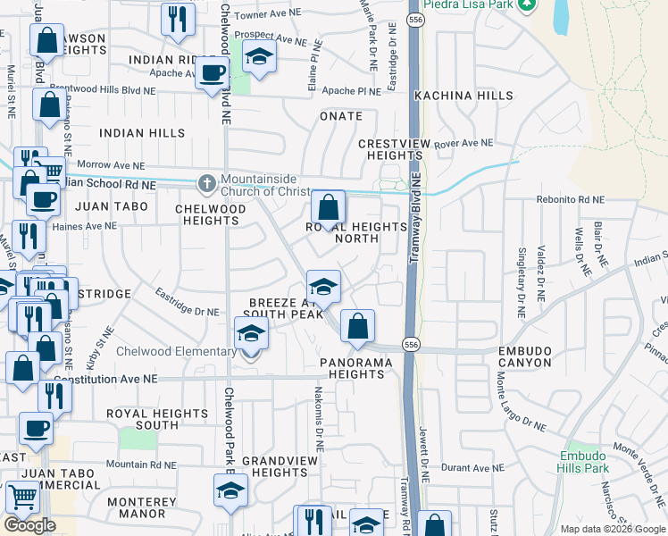 map of restaurants, bars, coffee shops, grocery stores, and more near 12628 Indian Place Northeast in Albuquerque