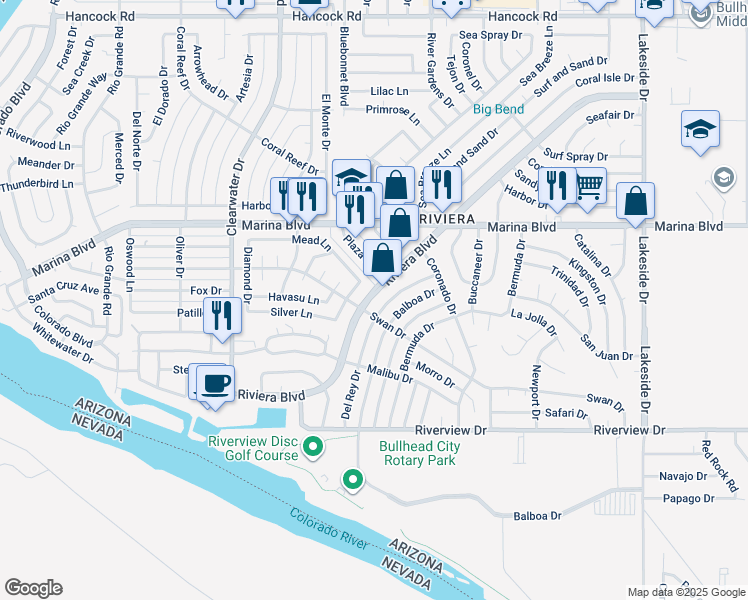 map of restaurants, bars, coffee shops, grocery stores, and more near 2074 Riviera Boulevard in Bullhead City