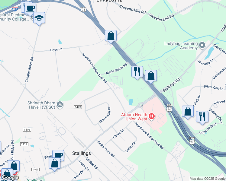 map of restaurants, bars, coffee shops, grocery stores, and more near 2933 Matthews-Indian Trail Road in Matthews