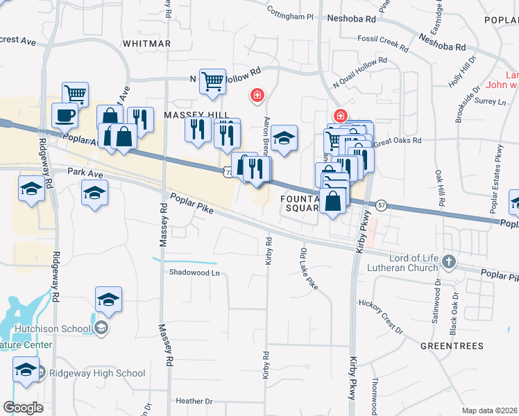 map of restaurants, bars, coffee shops, grocery stores, and more near 1859 Poplar Pines Drive in Memphis