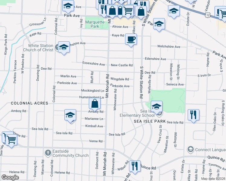 map of restaurants, bars, coffee shops, grocery stores, and more near 5005 Parkside Avenue in Memphis