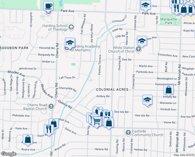 map of restaurants, bars, coffee shops, grocery stores, and more near 1214 Perkins Terrace in Memphis