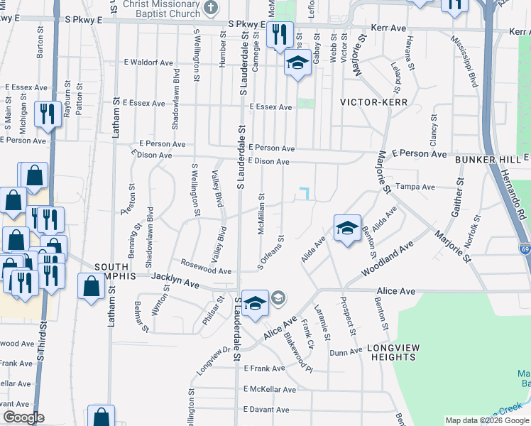 map of restaurants, bars, coffee shops, grocery stores, and more near 617 Shawnee Avenue in Memphis