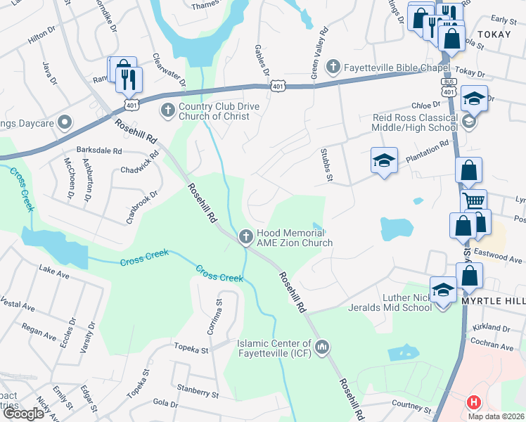 map of restaurants, bars, coffee shops, grocery stores, and more near 1718 Zion Drive in Fayetteville