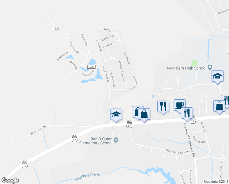 map of restaurants, bars, coffee shops, grocery stores, and more near 102 Myrtle Grove Road in New Bern