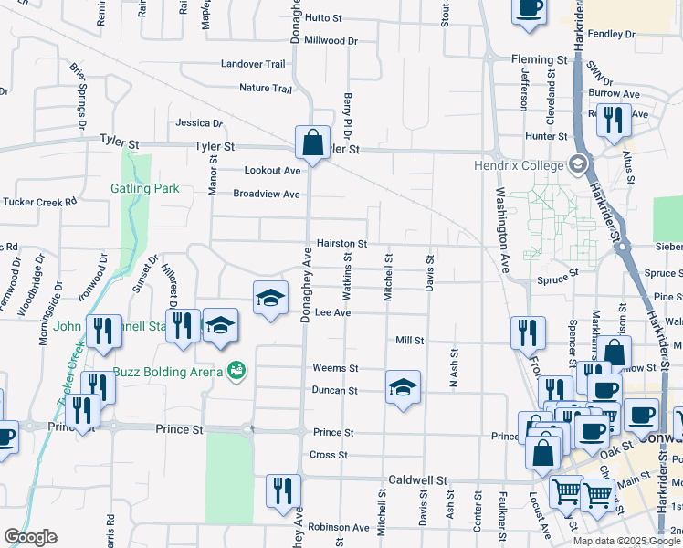 map of restaurants, bars, coffee shops, grocery stores, and more near 2001 Independence Street in Conway