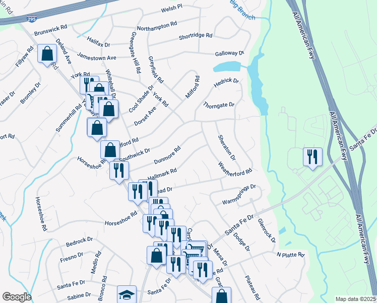 map of restaurants, bars, coffee shops, grocery stores, and more near 443 Hallmark Road in Fayetteville