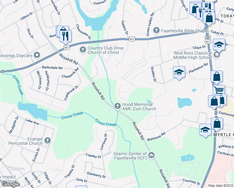 map of restaurants, bars, coffee shops, grocery stores, and more near 1605 Mount Rainer Drive in Fayetteville