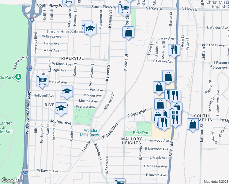 map of restaurants, bars, coffee shops, grocery stores, and more near 1798 Blair Hunt Drive in Memphis