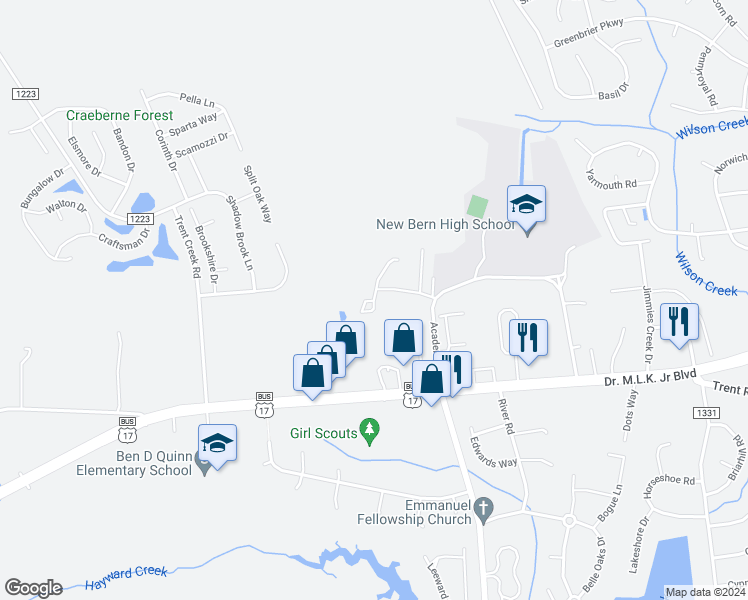 map of restaurants, bars, coffee shops, grocery stores, and more near 1108 Tomlinson Boulevard in New Bern