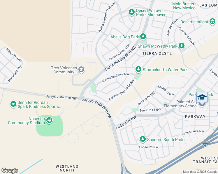 map of restaurants, bars, coffee shops, grocery stores, and more near 9504 Thunder Road Northwest in Albuquerque