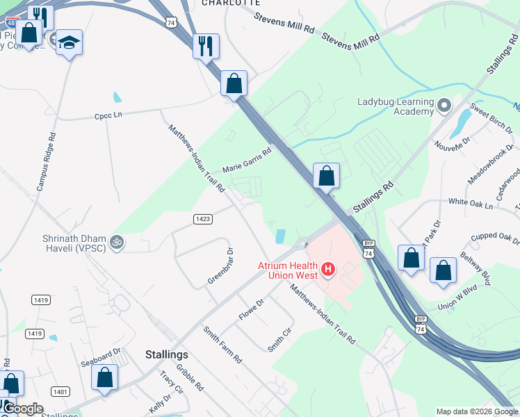 map of restaurants, bars, coffee shops, grocery stores, and more near in Stallings