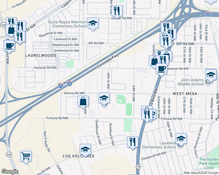 map of restaurants, bars, coffee shops, grocery stores, and more near 1151 Telstar Loop Northwest in Albuquerque