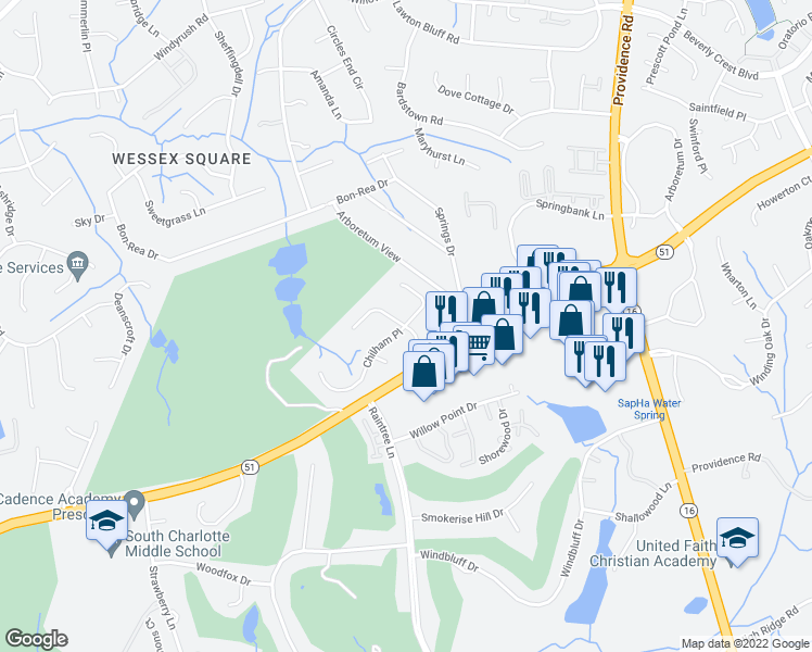 map of restaurants, bars, coffee shops, grocery stores, and more near Chilham Pl & Ridgeloch Pl in Charlotte