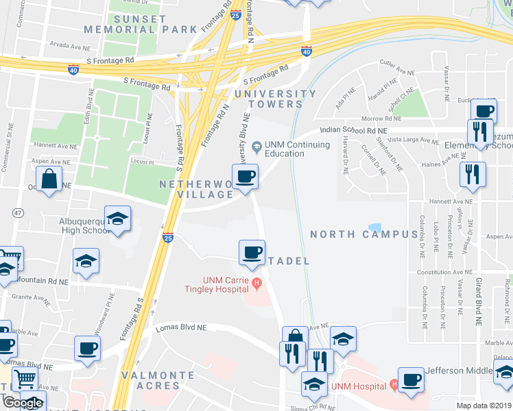 map of restaurants, bars, coffee shops, grocery stores, and more near 1520 University Boulevard Northeast in Albuquerque