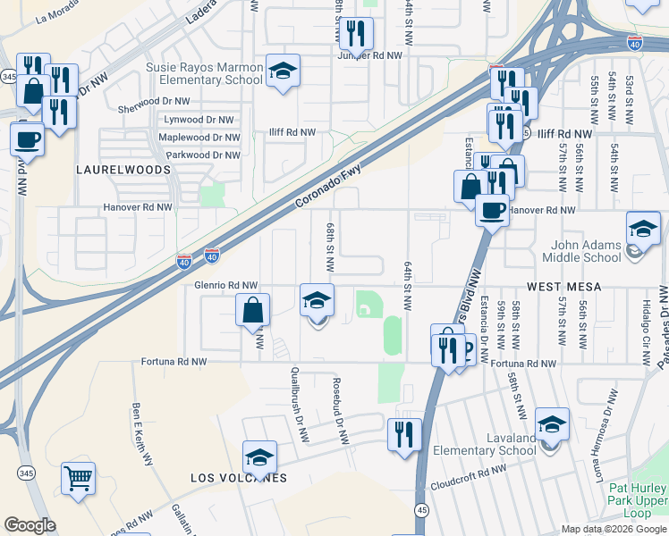 map of restaurants, bars, coffee shops, grocery stores, and more near 1151 Telstar Loop Northwest in Albuquerque