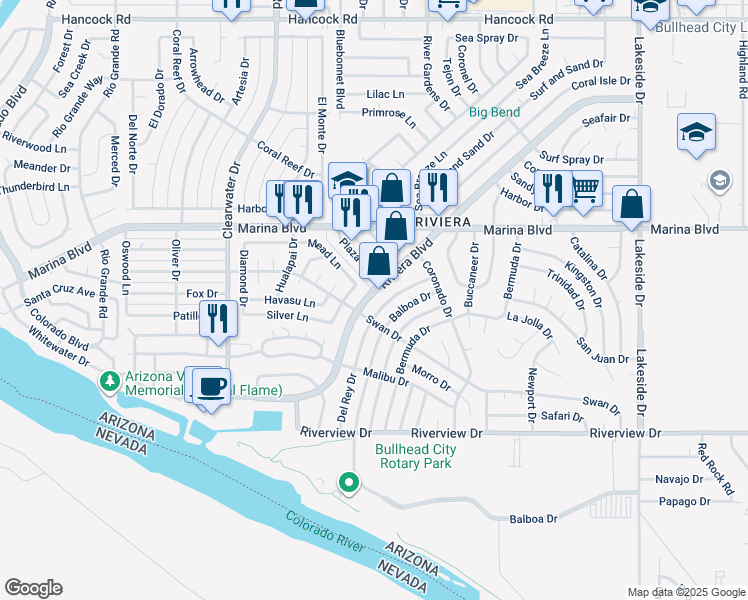 map of restaurants, bars, coffee shops, grocery stores, and more near 2074 Riviera Boulevard in Bullhead City