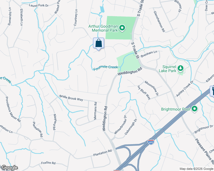 map of restaurants, bars, coffee shops, grocery stores, and more near 2616 Rustic Ridge Court in Charlotte