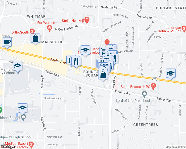 map of restaurants, bars, coffee shops, grocery stores, and more near 6617 Poplar Avenue in Germantown
