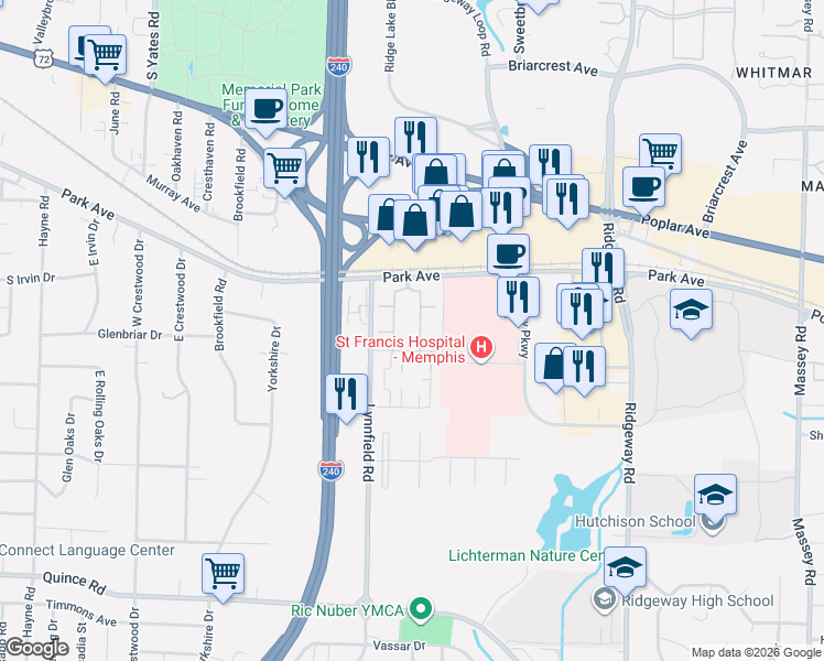 map of restaurants, bars, coffee shops, grocery stores, and more near 1204 Chamberlain Drive in Memphis