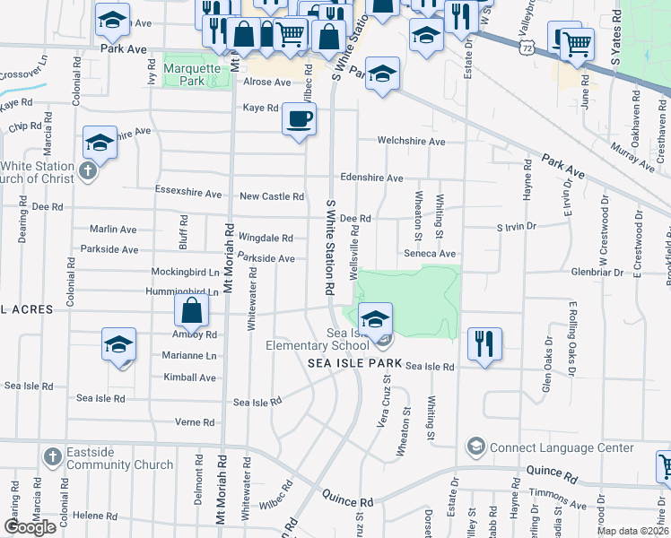 map of restaurants, bars, coffee shops, grocery stores, and more near 1220 South White Station Road in Memphis