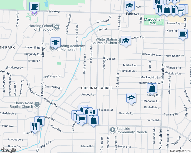 map of restaurants, bars, coffee shops, grocery stores, and more near 1215 South Perkins Road in Memphis