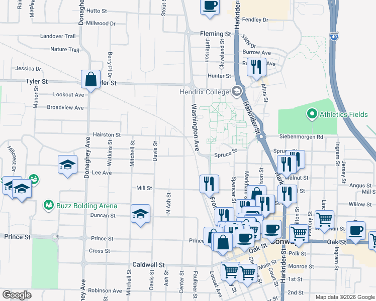 map of restaurants, bars, coffee shops, grocery stores, and more near 1408 Clifton Street in Conway