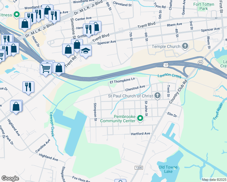 map of restaurants, bars, coffee shops, grocery stores, and more near 2008 Chestnut Avenue in New Bern