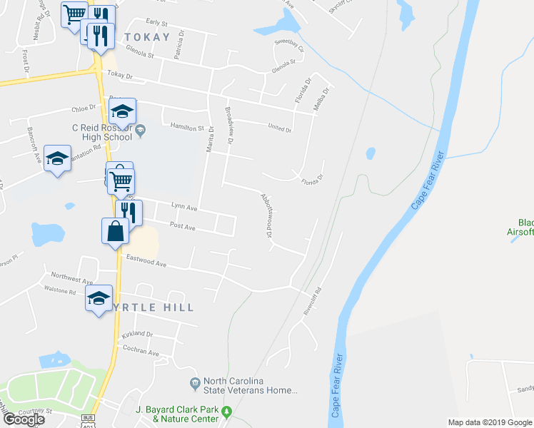 map of restaurants, bars, coffee shops, grocery stores, and more near 420 Abbottswood Drive in Fayetteville